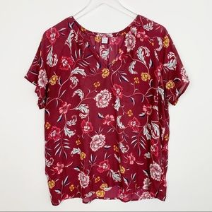 Old Navy Maroon Floral Print V-Neck Short Sleeve L